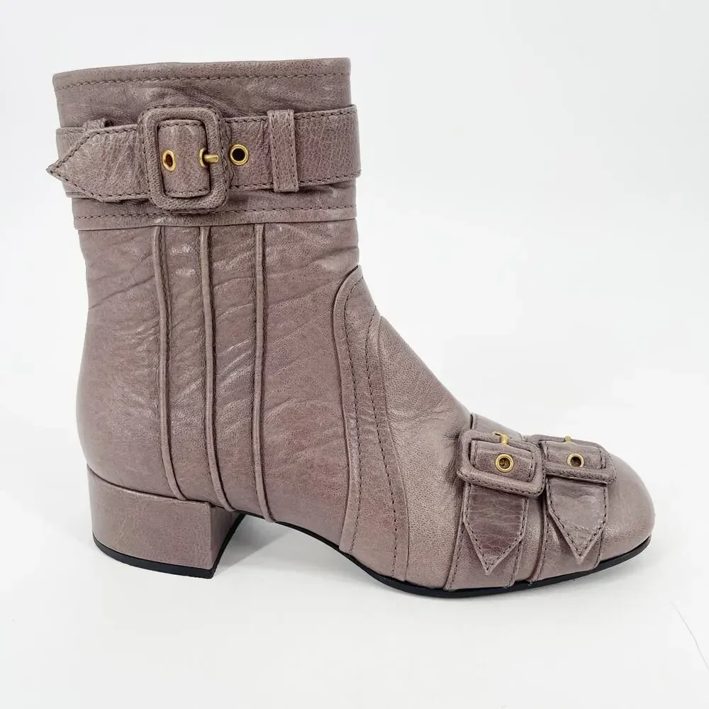 Prada F/W 2017 Dove Gray Multi Buckle Moto Grunge Square Toe Ankle Boot IT 37.5